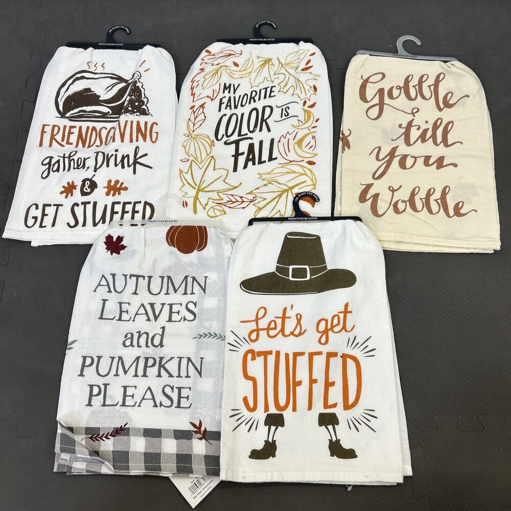 NWT Set 5 Primitive's by Kathy Kitchen Dish Towels Fall Thanksgiving Charity